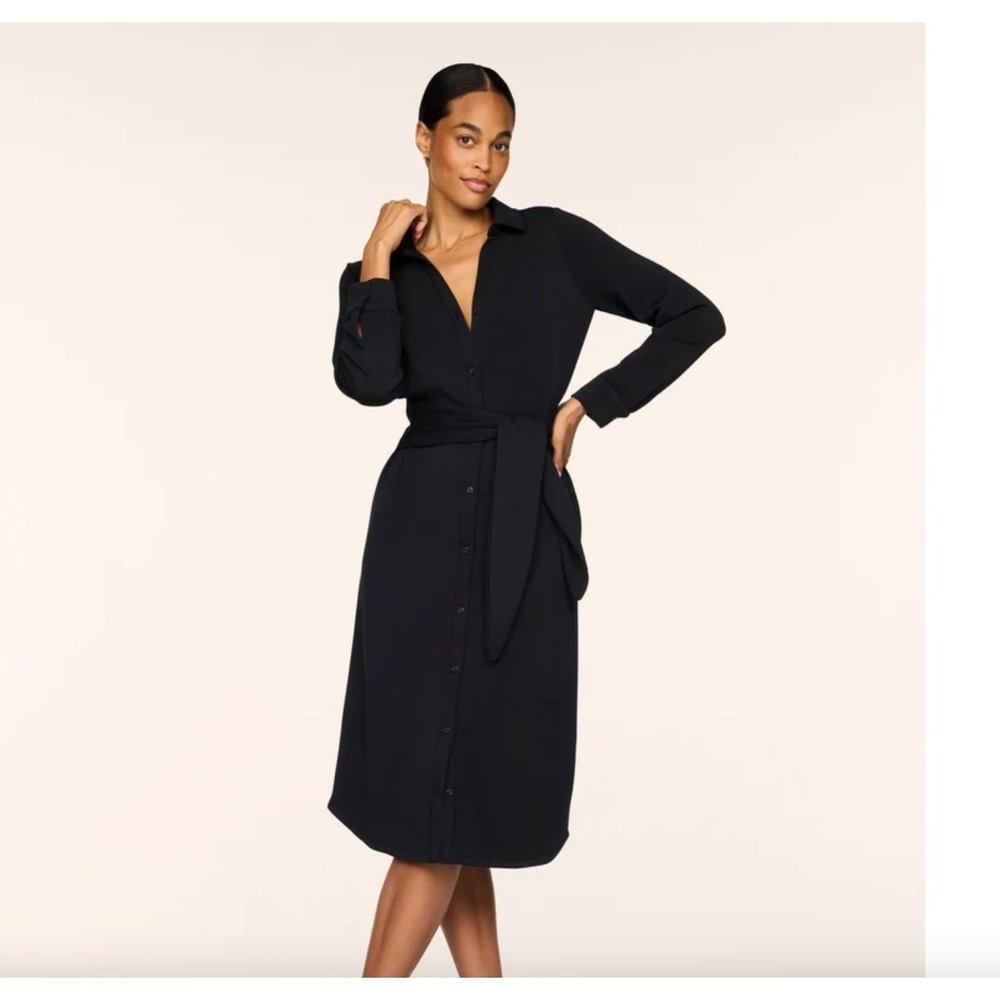 Spanx Air Essentials Shirt Dress Womens S Black Long Sleeve Belted Midi Dress